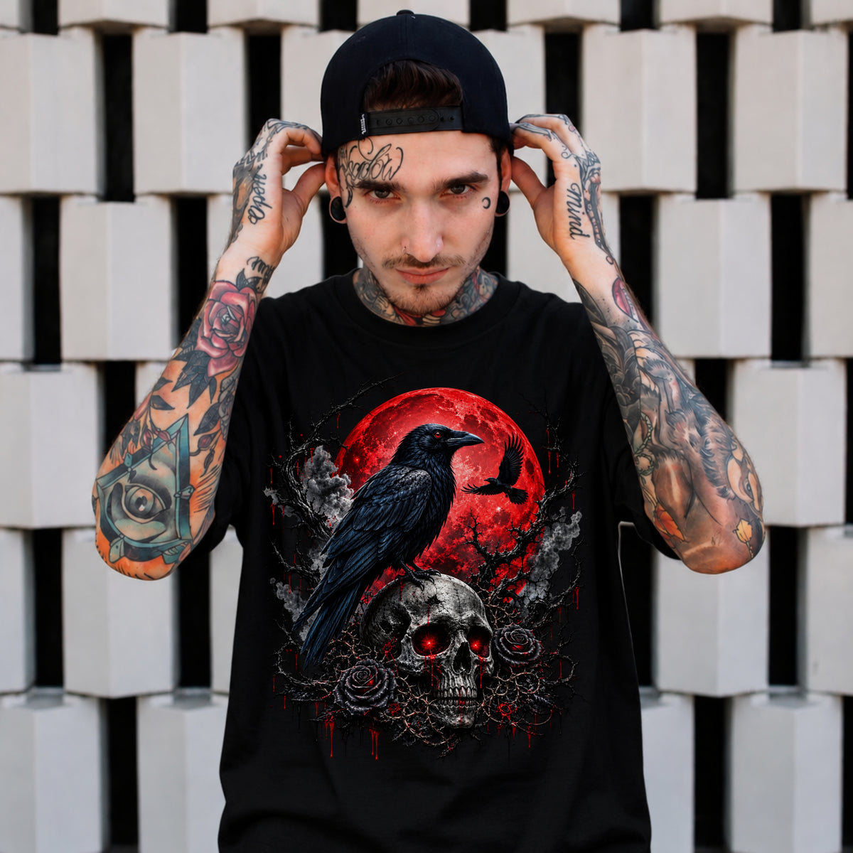 Gothic Raven Skull T-Shirt – Red Moon Dark Horror Graphic Tee