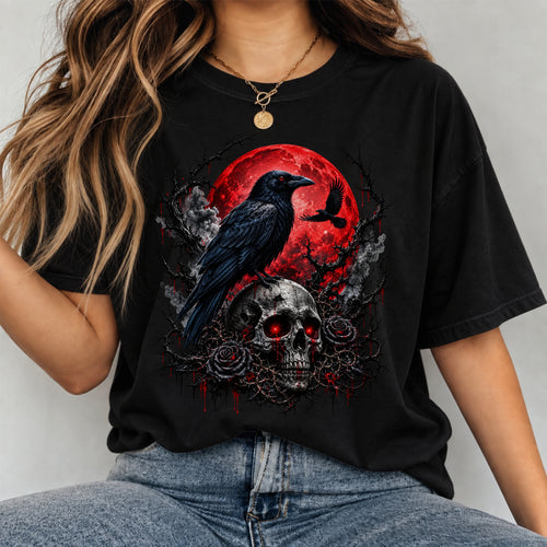 Gothic Raven Skull T-Shirt – Red Moon Dark Horror Graphic Tee