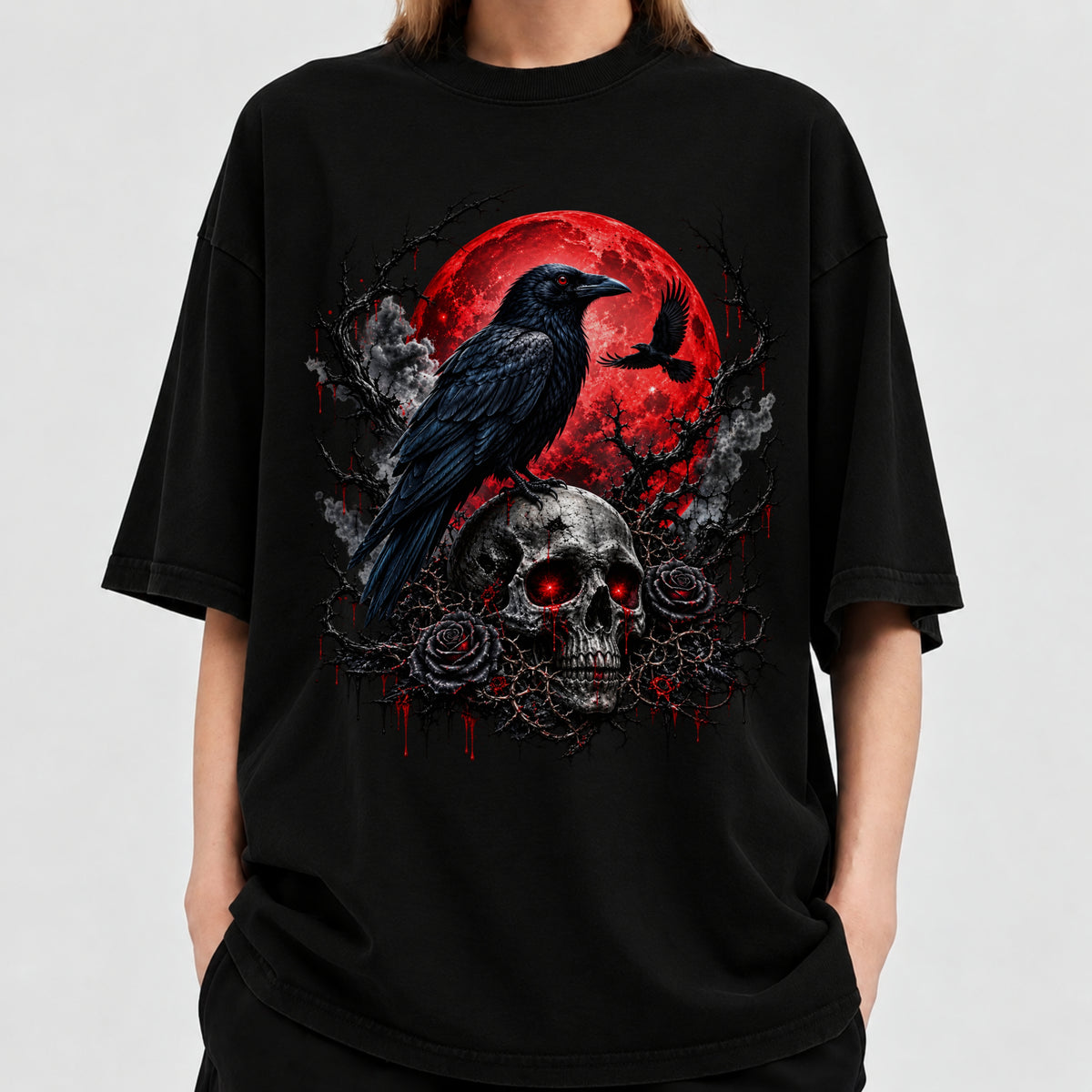 Gothic Raven Skull T-Shirt – Red Moon Dark Horror Graphic Tee