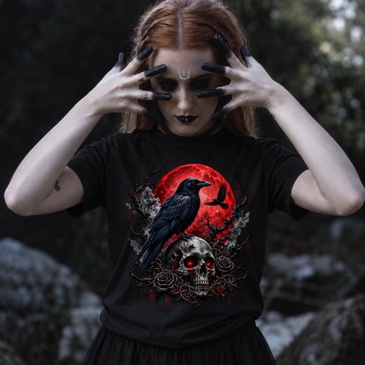 Gothic Raven Skull T-Shirt – Red Moon Dark Horror Graphic Tee