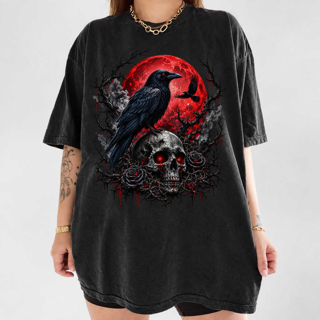 Gothic Raven Skull T-Shirt – Red Moon Dark Horror Graphic Tee