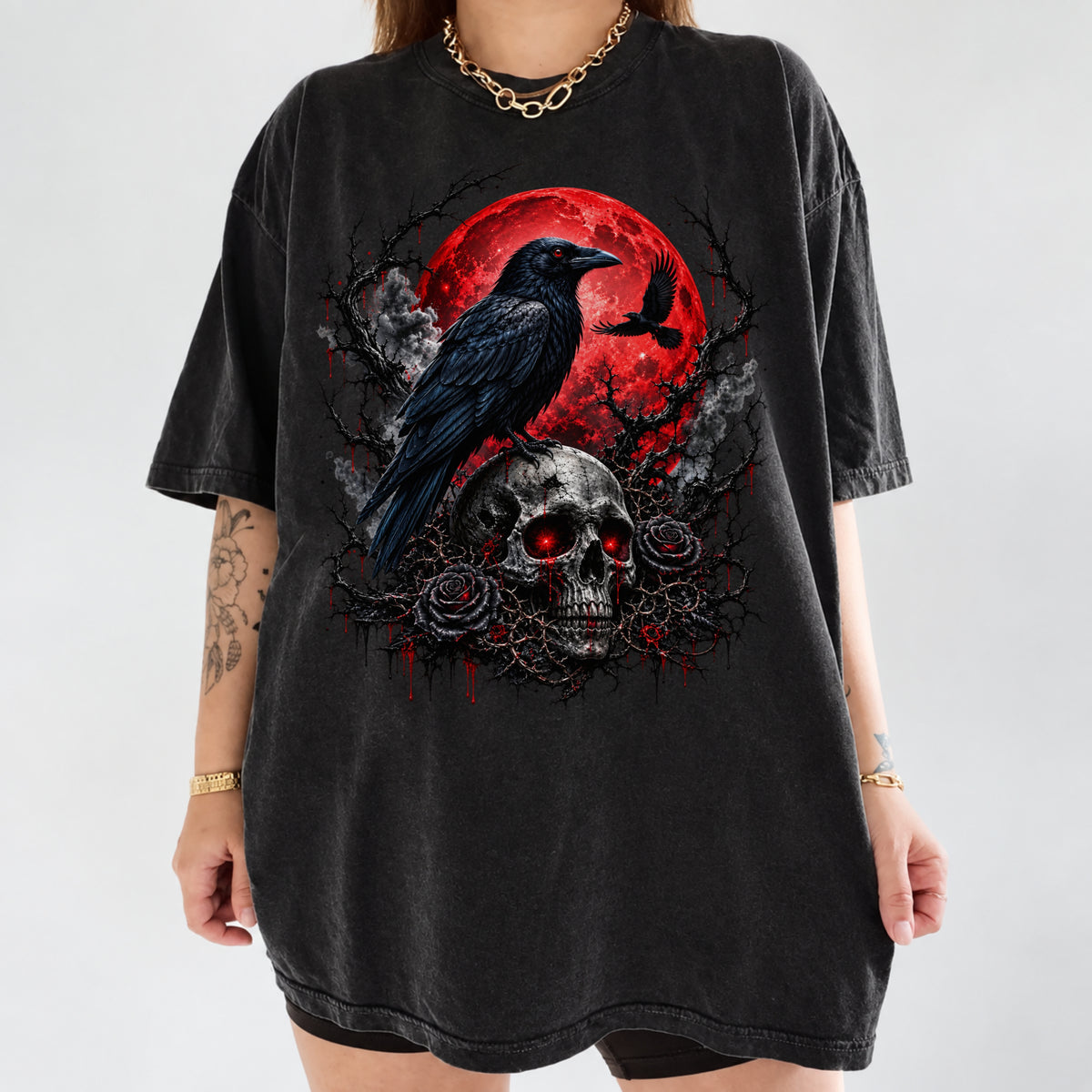 Gothic Raven Skull T-Shirt – Red Moon Dark Horror Graphic Tee