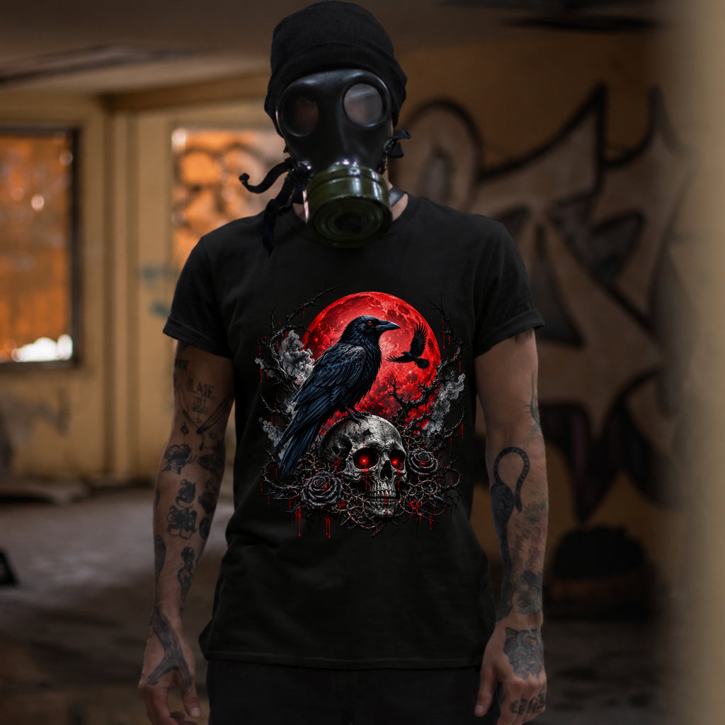 Gothic Raven Skull T-Shirt – Red Moon Dark Horror Graphic Tee